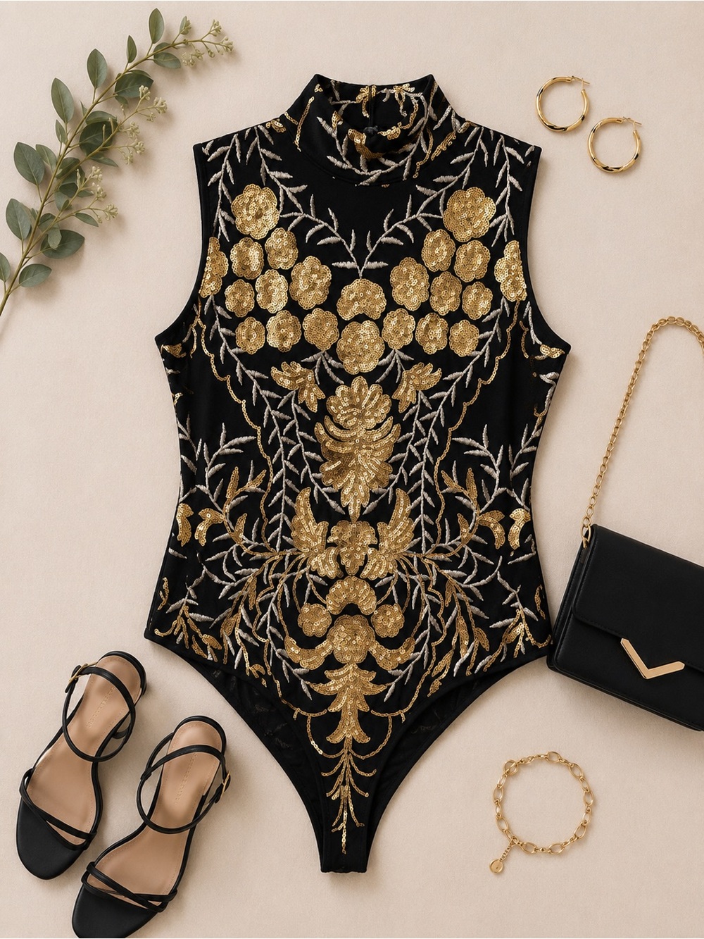 Fashion Nova Black & Gold Sequin Embroidered Bodysuit Size Medium NWOT - Picture 1 of 6